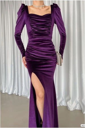 VINTESSY Kadife Yırtmaçlı Elbise Kare Abiye Yaka Kumaş · Renk: Mor · Beden: M BZS01