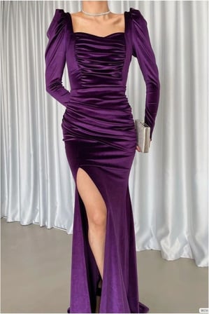 VINTESSY Kadife Yırtmaçlı Elbise Kare Abiye Yaka Kumaş · Renk: Mor · Beden: M BZS01
