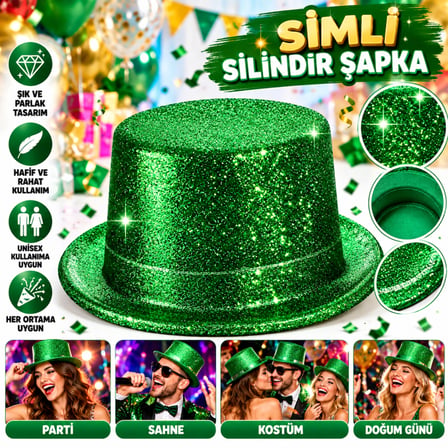 VINTESSY Yeşil Simli Glitter Silindir Parti Şapkası BZS01
