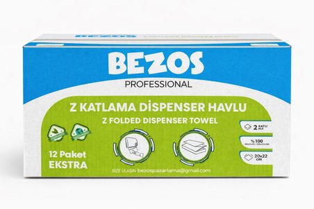 Bezos Professional Z Katlamalı Dispenser Havlu 2 Katlı %100 Selüloz 20x22 cm 12’li Koli