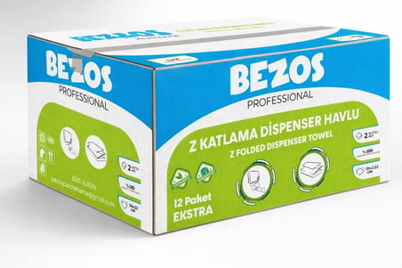 Bezos Professional Z Katlamalı Dispenser Havlu 2 Katlı %100 Selüloz 20x22 cm 12’li Koli