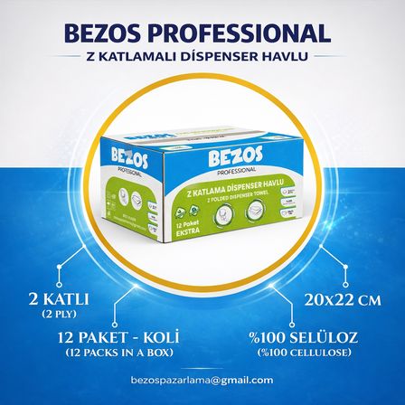 Bezos Z Katlamalı Dispenser Havlu 2 Katlı 20x22 cm %100 Selüloz 2 Koli Avantaj Paket