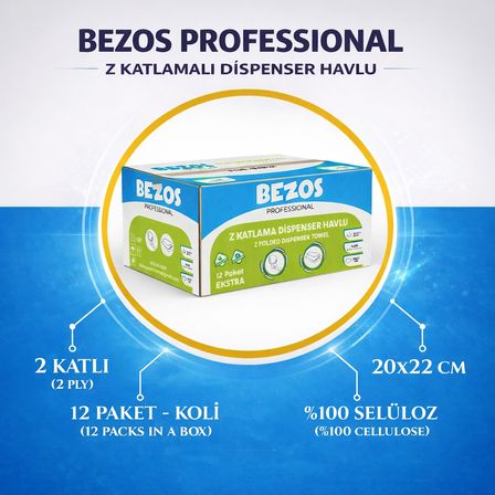 Bezos Z Katlamalı Dispenser Havlu 2 Katlı 20x22 cm %100 Selüloz 2 Koli Avantaj Paket