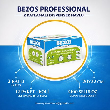 Bezos Z Katlamalı Dispenser Havlu 2 Katlı 20x22 cm %100 Selüloz 4 Koli Avantaj Paket