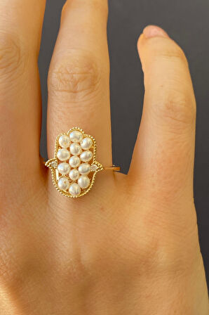 14 Ayar Altın Fatma Elli Doğal İnci 0,04 Ct Pırlanta Yüzük