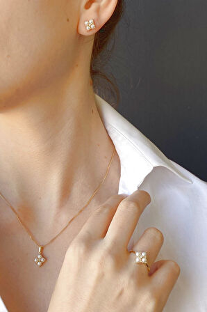 14 Ayar Altın Dört Doğal İncili 0,05 Ct Pırlanta Küpe Kolye Yüzük Üçlü Set