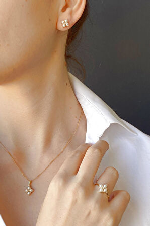 14 Ayar Altın Dört Doğal İncili 0,05 Ct Pırlanta Küpe Kolye Yüzük Üçlü Set