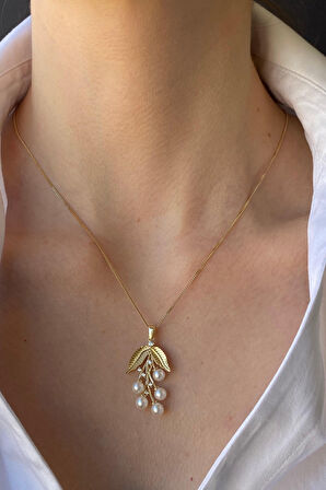 14 Ayar Altın 4 mm Zeytin Dalı Doğal İncili Küpe Kolye Yüzük Üçlü Set