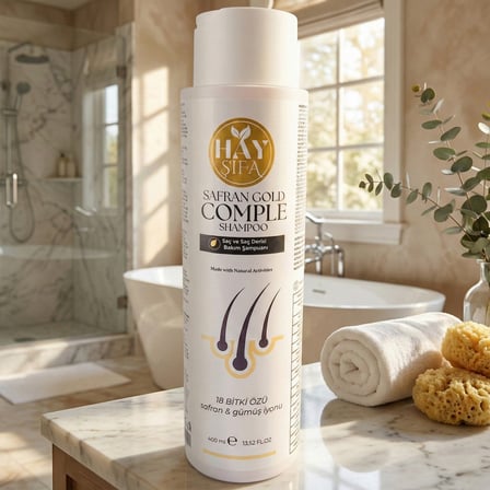 Safran Gold Complete Şampuan 400 ml Safran Özlü Gümüş İyonlu Keratin ve Biotin İçeren Bitkisel Şampuan