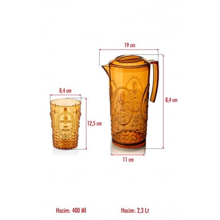 Akrilik Bal Sürahi 2,3 lt Ve 6'lı Su Meşrubat Kahve Yanı Bardağı 400 ml Seti