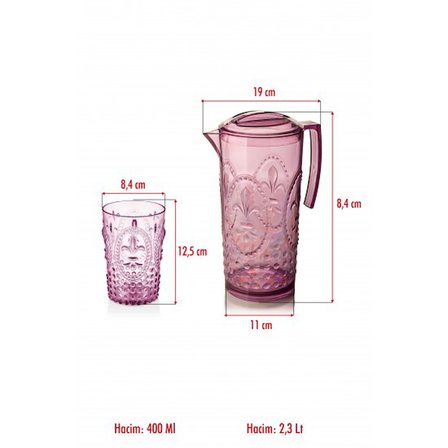 Akrilik Mürdüm Sürahi 2,3 lt Ve 6'lı & Su Meşrubat Kahve Yanı Bardağı 400 ml Seti