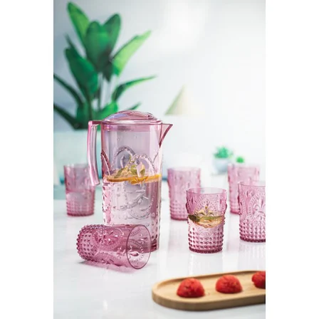 Akrilik Mürdüm Sürahi 2,3 lt Ve 6'lı & Su Meşrubat Kahve Yanı Bardağı 400 ml Seti