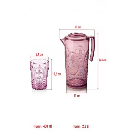 Akrilik Mürdüm Sürahi 2,3 lt Ve 6'lı & Su Meşrubat Kahve Yanı Bardağı 400 ml Seti