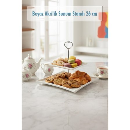 2 Katlı Beyaz Akrilik Meyvelik & Kurabiyelik & Sunum Standı - 26 cm