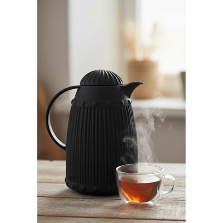 1 LT Isı Yalıtımlı Çay ve Soğuk Su Termosu Siyah (12 Saat Sıcak Tutar & İçi Camdır)