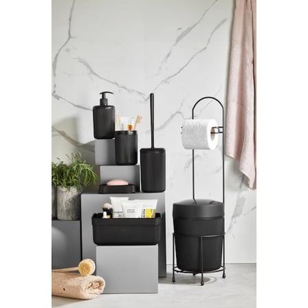 7 Parça Siyah Banyo Seti Metal Stantlı Kovalı Wc Kağıtlık Kozmetik Kutusu Diş Fırçalık Ve Sabunlukla
