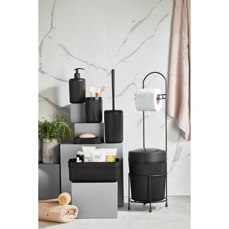 7 Parça Siyah Banyo Seti Metal Stantlı Kovalı Wc Kağıtlık Kozmetik Kutusu Diş Fırçalık Ve Sabunlukla