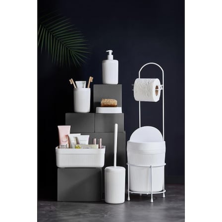 7 Parça Beyaz Banyo Seti Metal Stantlı Kovalı Wc Kağıtlık Kozmetik Kutusu Diş Fırçalık Ve Sabunlukla