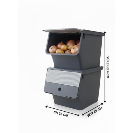 Füme 2'Li 33 LT Modubox Kayar Kapaklı Saklama Kabı & Patates Soğan Kovası & Erzak Kutusu