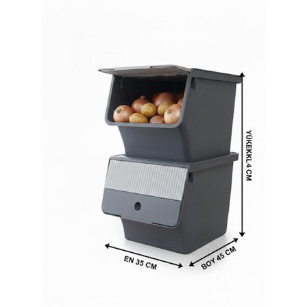 Füme 2'Li 33 LT Modubox Kayar Kapaklı Saklama Kabı & Patates Soğan Kovası & Erzak Kutusu