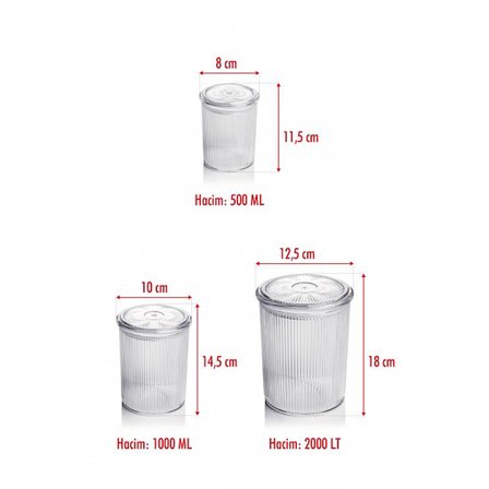 12'li Barok Yuvarlak 3 Boy Kavanoz Seti & Saklama Kabı & Erzak Kabı (4*2000 ML, 4*1000 ML, 4*500 ML)