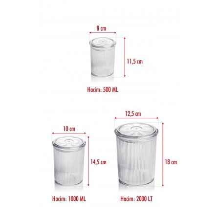 18'li Barok Yuvarlak 3 Boy Kavanoz Seti & Saklama Kabı & Erzak Kabı (6*2000 ML, 6*1000 ML ,6*500 ML)