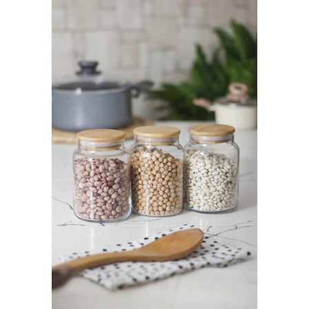 3 Lü Set Bambu Kapaklı Cam Kavanoz & Erzak Saklama Kabı 800 ml Orta Boy ( Vakum Kapak )