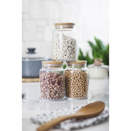 3 Lü Set Bambu Kapaklı Cam Kavanoz & Erzak Saklama Kabı 800 ml Orta Boy ( Vakum Kapak )
