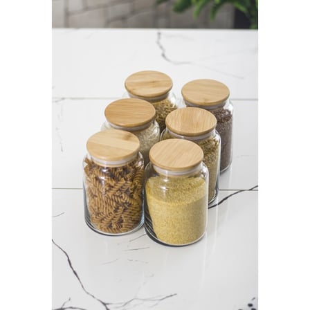 6 Lı Set Bambu Kapaklı Cam Kavanoz & Erzak Saklama Kabı 800 ml Orta Boy ( Vakum Kapak )