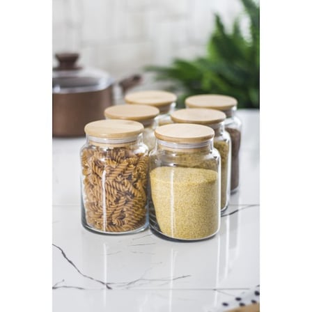 6 Lı Set Bambu Kapaklı Cam Kavanoz & Erzak Saklama Kabı 800 ml Orta Boy ( Vakum Kapak )