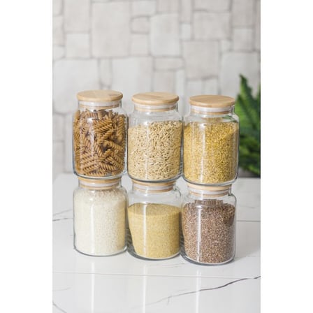 6 Lı Set Bambu Kapaklı Cam Kavanoz & Erzak Saklama Kabı 800 ml Orta Boy ( Vakum Kapak )