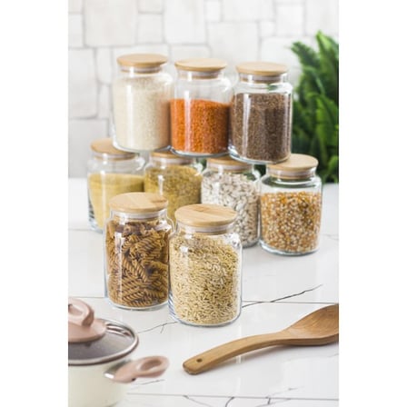 9 Lu Set Bambu Kapaklı Cam Kavanoz & Erzak Saklama Kabı 800 ml Orta Boy ( Vakum Kapak )