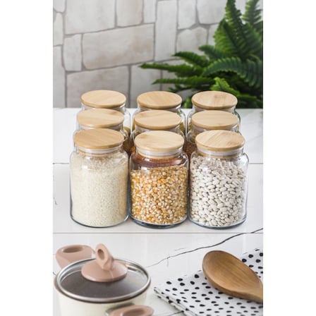 9 Lu Set Bambu Kapaklı Cam Kavanoz & Erzak Saklama Kabı 800 ml Orta Boy ( Vakum Kapak )