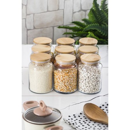 9 Lu Set Bambu Kapaklı Cam Kavanoz & Erzak Saklama Kabı 800 ml Orta Boy ( Vakum Kapak )