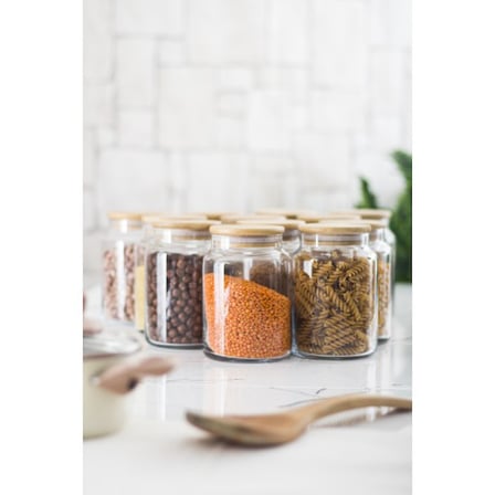 12 Li Set Bambu Kapaklı Cam Kavanoz & Erzak Saklama Kabı 800 ml Orta Boy ( Vakum Kapak )