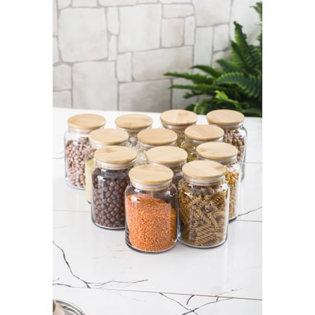 12 Li Set Bambu Kapaklı Cam Kavanoz & Erzak Saklama Kabı 800 ml Orta Boy ( Vakum Kapak )