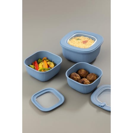 Kare 3 Parça Vakumlu Sızdırmaz Hava Almaz Saklama Kabı Seti Mavi (1800/1100/600 Ml)
