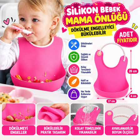 Bezos Çocuk Bebek Mama Önlüğü Dökülme Engelleyici Bükülebilir Pembe (adet fiyatıdır) BZSS