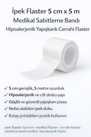 İpek Flaster 5 cm x 5 m Medikal Sabitleme Bandı Hipoalerjenik Yapışkanlı Cerrahi Flaster