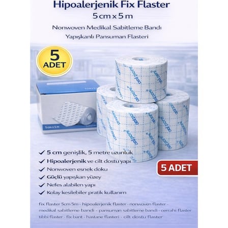 Hipoalerjenik Fix Flaster 5 cm x 5 m 5 Adet Nonwoven Medikal Sabitleme Bandı Yapışkanlı Pansuman Flasteri