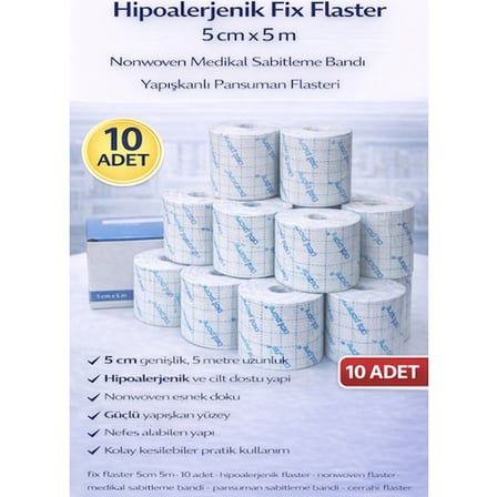 Hipoalerjenik Fix Flaster 5 cm x 5 m 10 Adet Nonwoven Medikal Sabitleme Bandı Yapışkanlı Pansuman Flasteri
