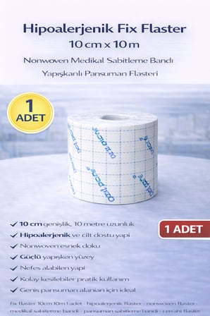 Hipoalerjenik Fix Flaster 10 cm x 10 m 1 Adet Nonwoven Medikal Sabitleme Bandı Yapışkanlı Pansuman Flasteri