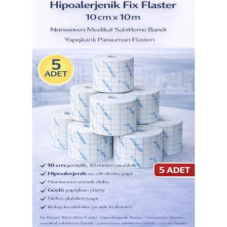Hipoalerjenik Fix Flaster 10 cm x 10 m 5 Adet Nonwoven Medikal Sabitleme Bandı Yapışkanlı Pansuman Flasteri