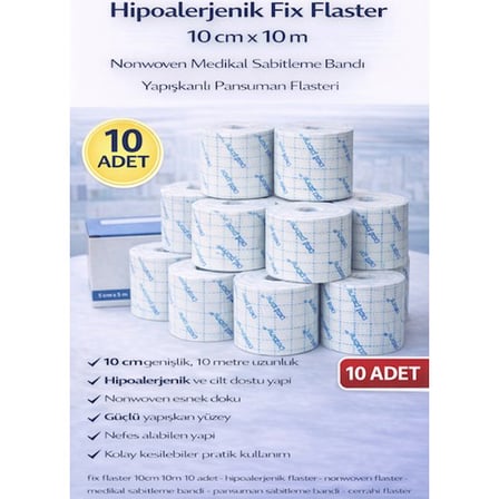 Hipoalerjenik Fix Flaster 10 cm x 10 m 10 Adet Nonwoven Medikal Sabitleme Bandı Yapışkanlı Pansuman Flasteri