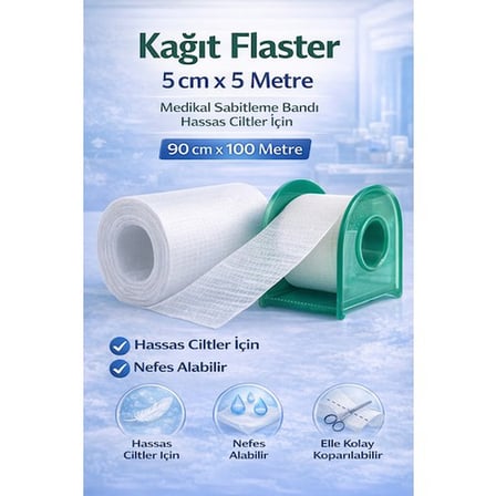 Kağıt Flaster 5 cm x 5 m Medikal Sabitleme Bandı Hassas Ciltler İçin 1 ADET