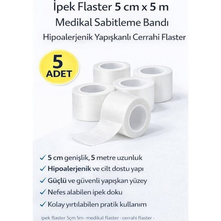İpek Flaster 5 cm x 5 m 5 Adet Medikal Sabitleme Bandı Hipoalerjenik Yapışkanlı Cerrahi Flaster