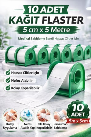 Kağıt Flaster 5 cm x 5 m 10 Adet Medikal Sabitleme Bandı Hassas Ciltler İçin