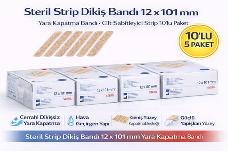 Steril Strip Dikiş Bandı 12 x 101 mm Yara Kapatma Bandı Cilt Sabitleyici Strip 10’lu 5 Paket