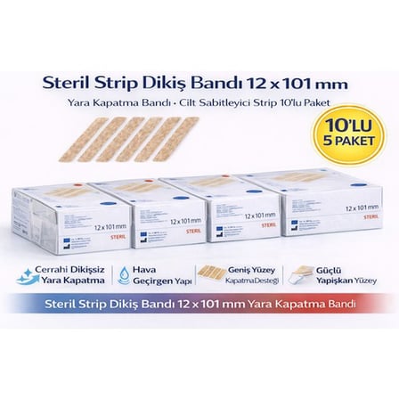 Steril Strip Dikiş Bandı 12 x 101 mm Yara Kapatma Bandı Cilt Sabitleyici Strip 10’lu 5 Paket