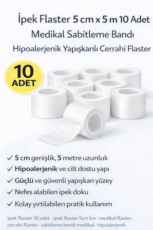 İpek Flaster 5 cm x 5 m 10 Adet Medikal Sabitleme Bandı Hipoalerjenik Yapışkanlı Cerrahi Flaster
